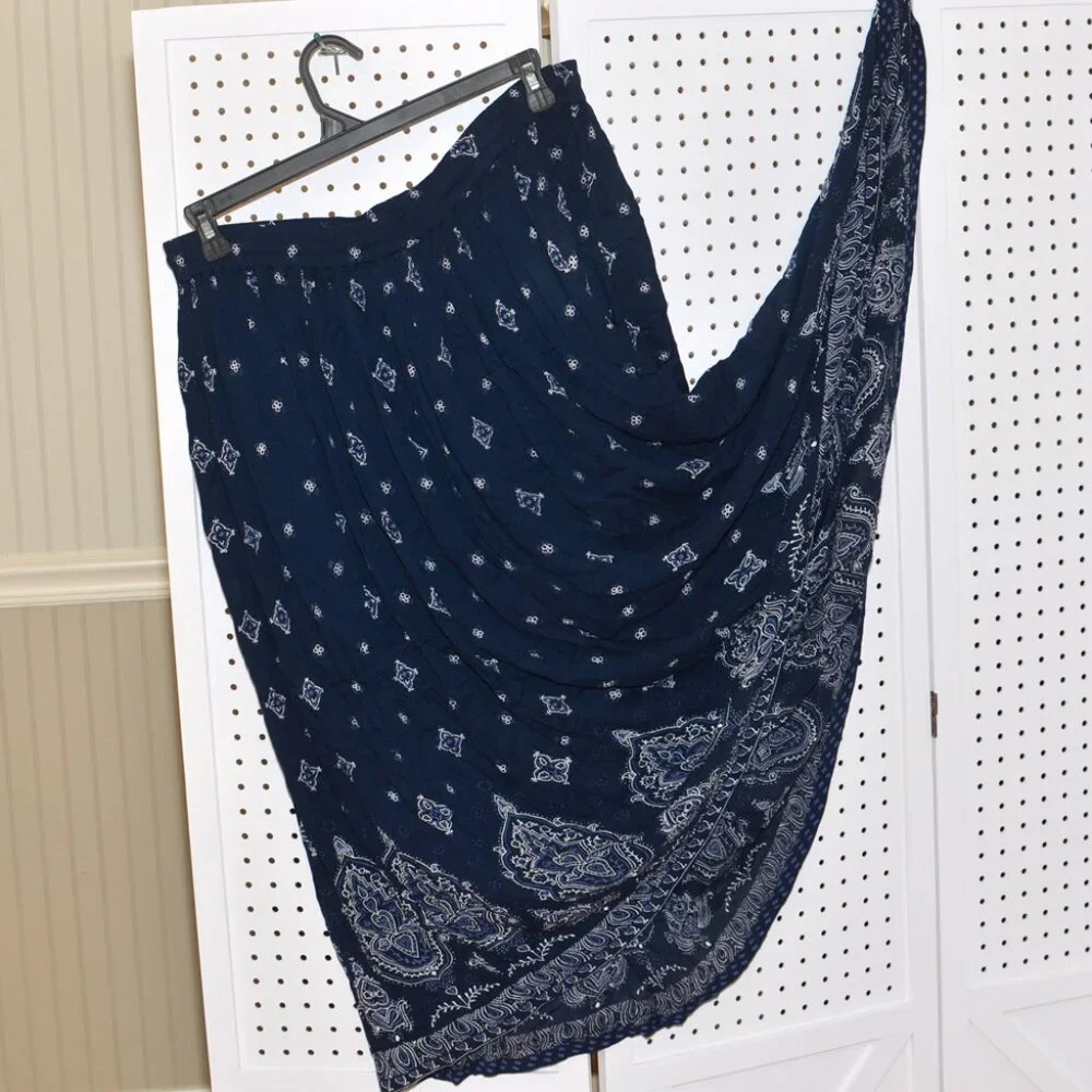 Plus Size 1X The Vermont Country Store Navy Blue Crinkle Full Maxi Skirt - Picture 9 of 14
